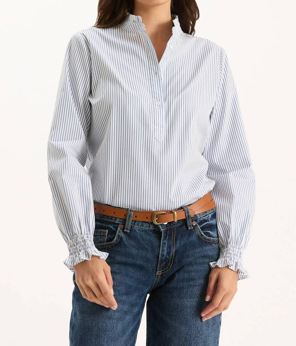 NEW TYLER BOE gwen pinstripe ruffle neck shirt in navy/white